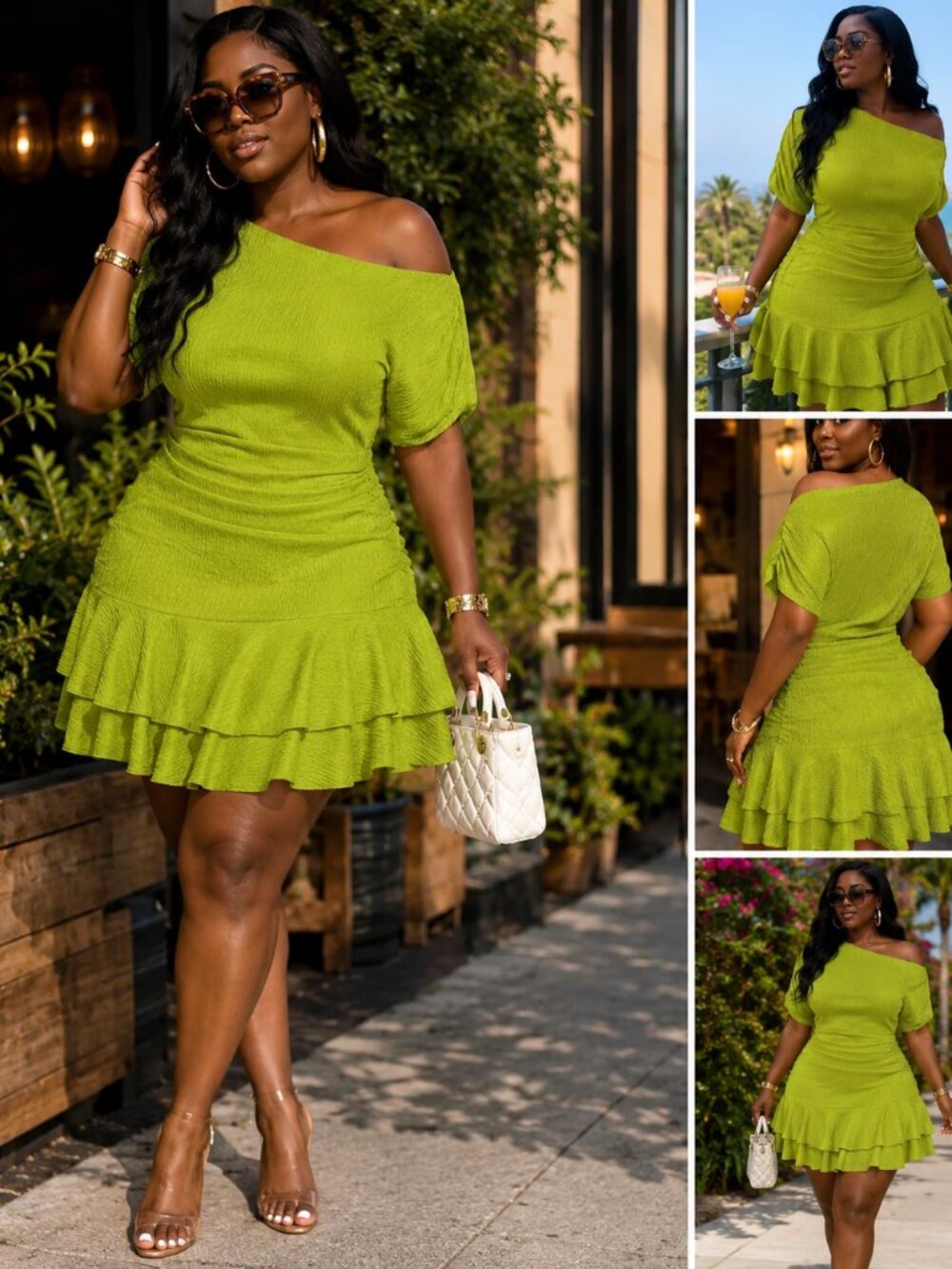 Lime Luxe One-Shoulder Ruffle Dress